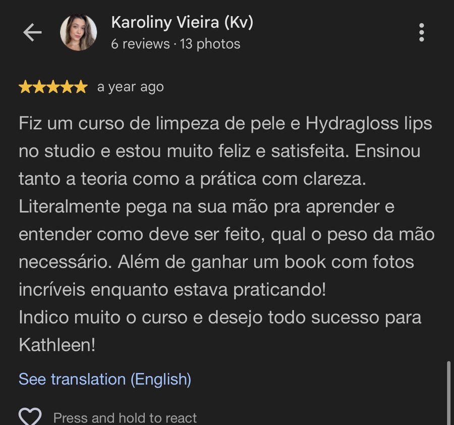 Avaliação de cinco estrelas no Google sobre o curso de limpeza de pele e Hydra Gloss Lips